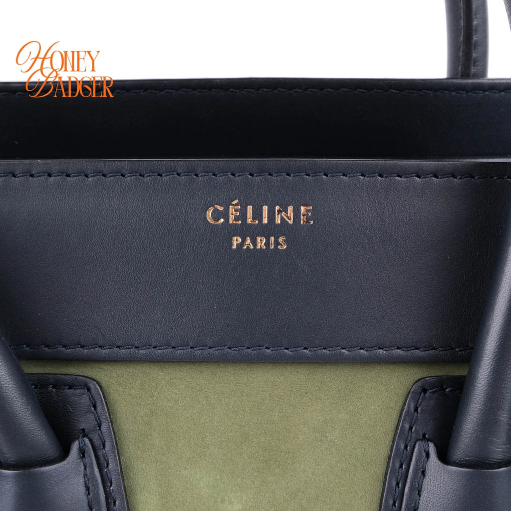 Celine Micro Luggage Tri-Color Suede & Calfskin Navy Green Grey Rank A