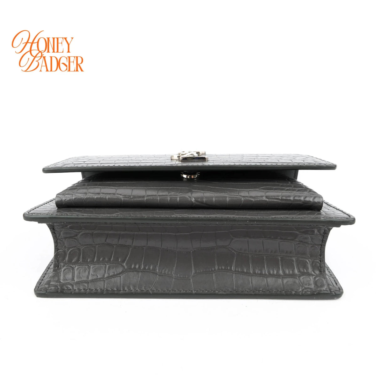Saint Laurent Sunset Mini Chain Wallet Crocodile-Embossed Calfskin Grey Silver Hardware Rank A