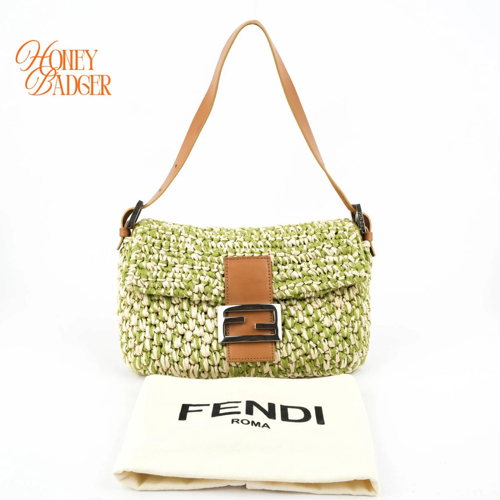 Fendi Vintage Baguette 16059 Woven Raffia Green & Natural Silver Hardware Rank A