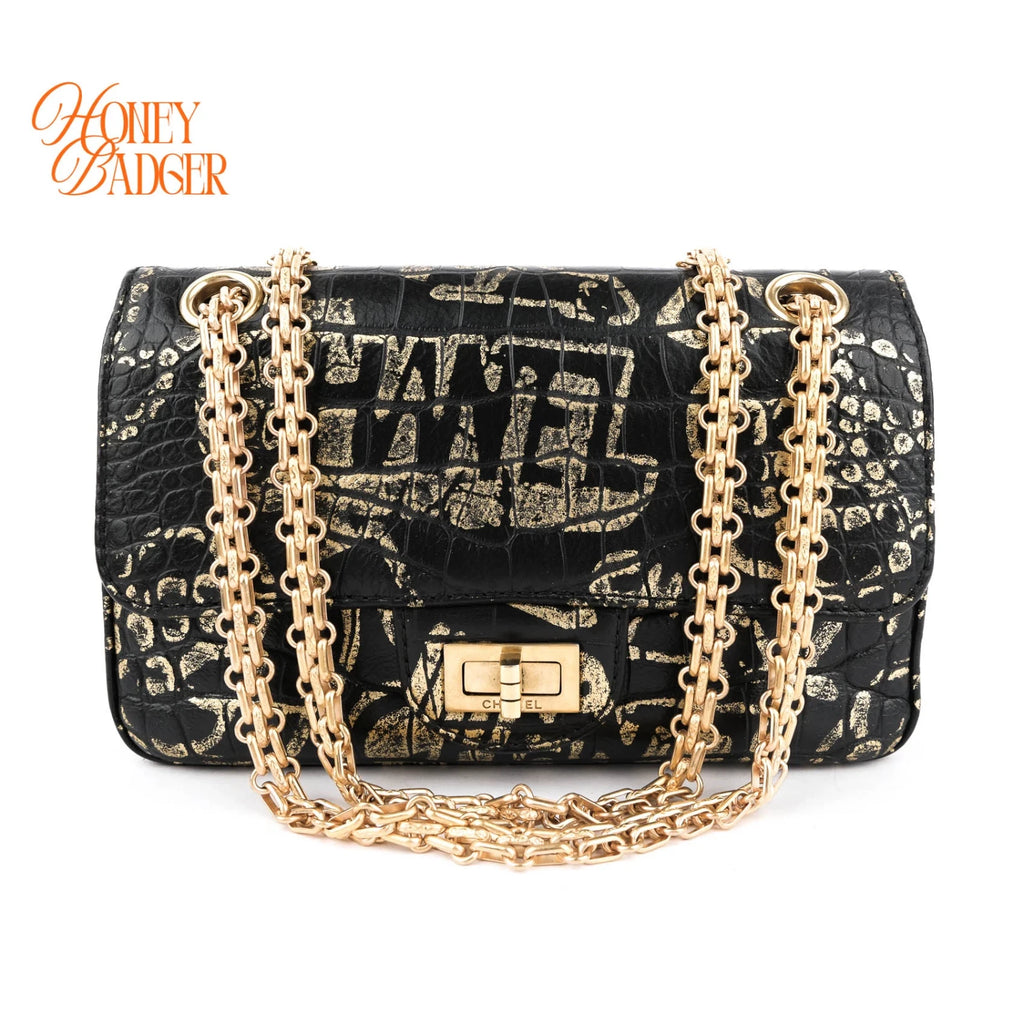 Chanel 2.55 Reissue Crocodile-Embossed Leather Graffiti Black Gold Rank A