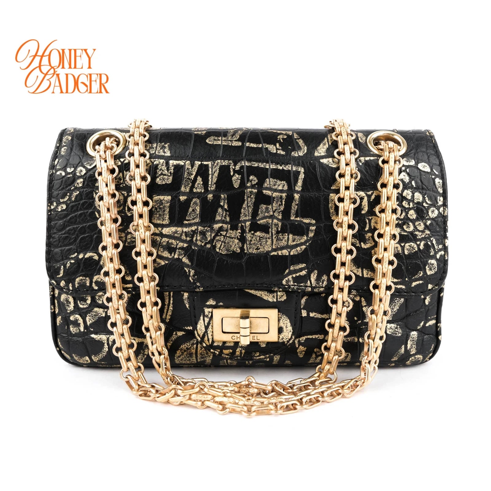 Chanel 2.55 Reissue Crocodile-Embossed Leather Graffiti Black Gold Rank A