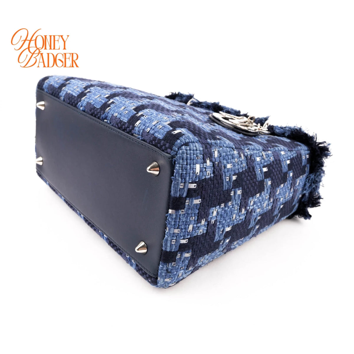 Dior Lady Dior Medium Tweed Navy Blue Silver Hardware Rank A
