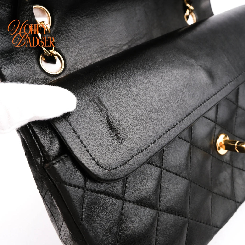 Chanel Classic Double Flap Medium 25 Quilted Lambskin Black Gold Hardware Rank AB