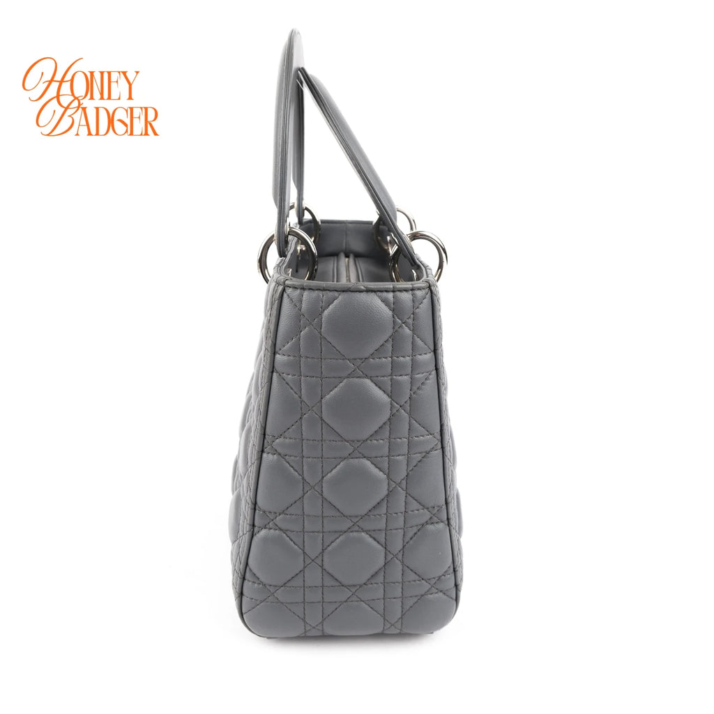 Dior Lady Dior Medium Grey Cannage Leather 2-Way Bag Rank AB