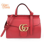 Gucci GG Marmont Small Top Handle Grained Calfskin Red Antique Gold Hardware Rank AB