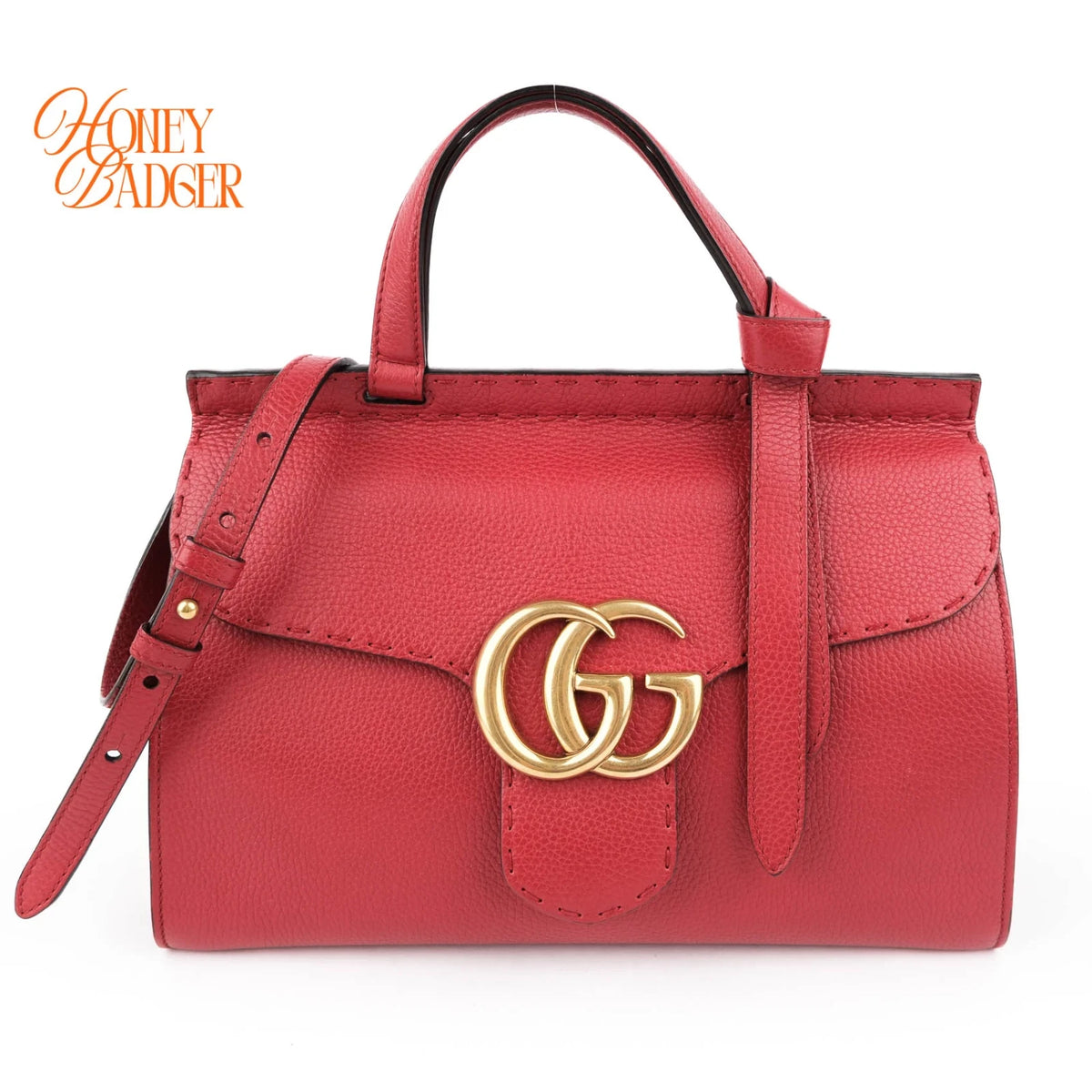 Gucci GG Marmont Small Top Handle Grained Calfskin Red Antique Gold Hardware Rank AB