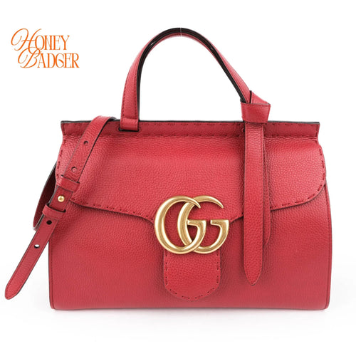 Gucci GG Marmont Small Top Handle Grained Calfskin Red Antique Gold Hardware Rank AB