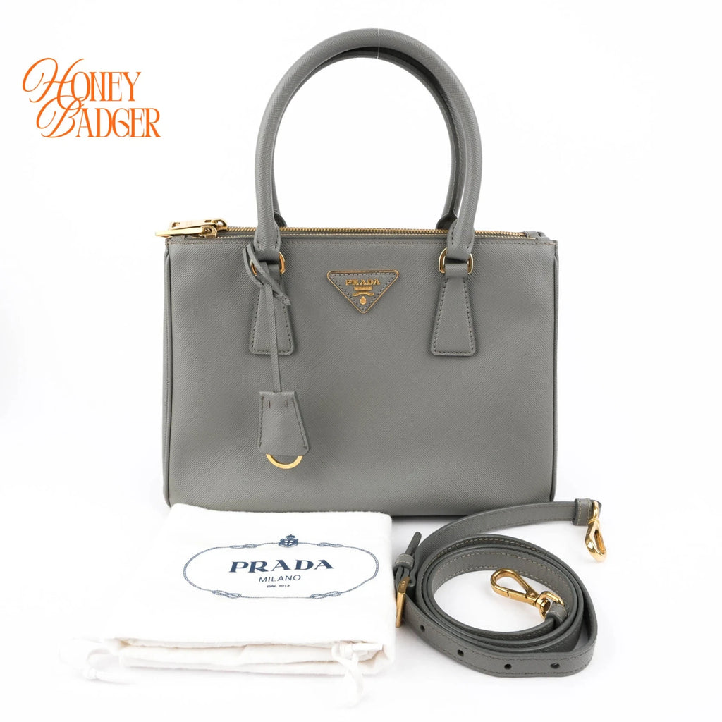 Prada Galleria Medium Saffiano Leather Gray Gold Hardware Rank A