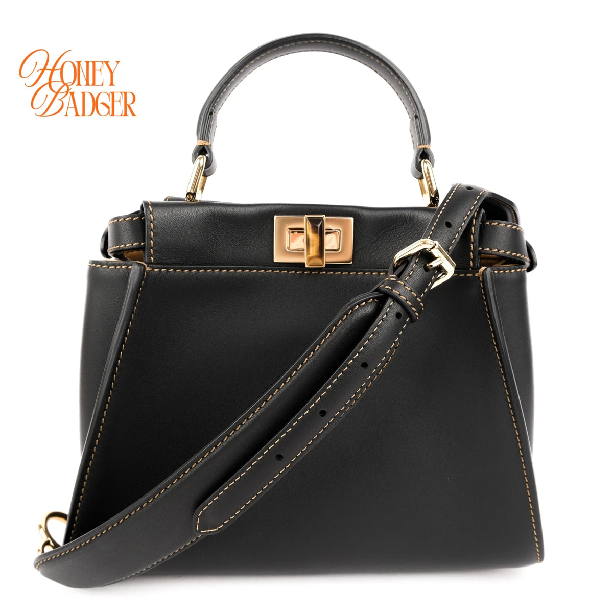 Fendi Peekaboo Iconic Mini Leather Black/Yellow Stitch Rank A