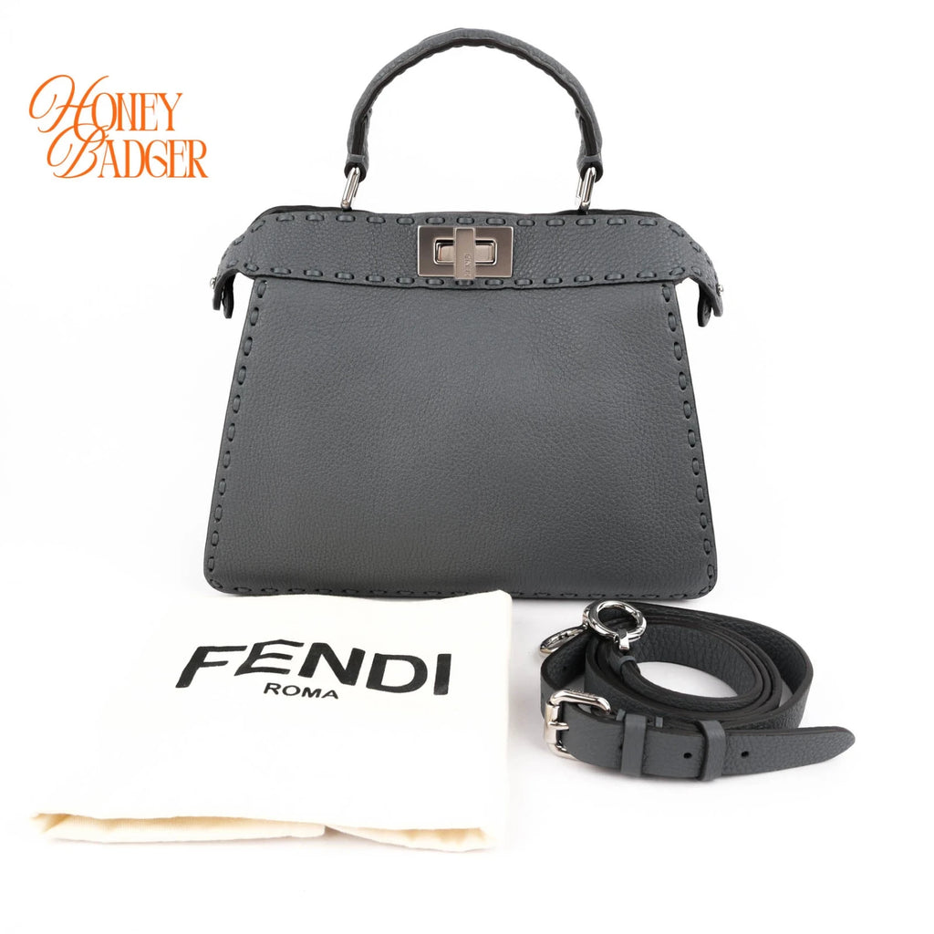 Fendi Peekaboo ISeeU Small Whipstitch Grained Leather Blue Grey Silver Hardware Rank A