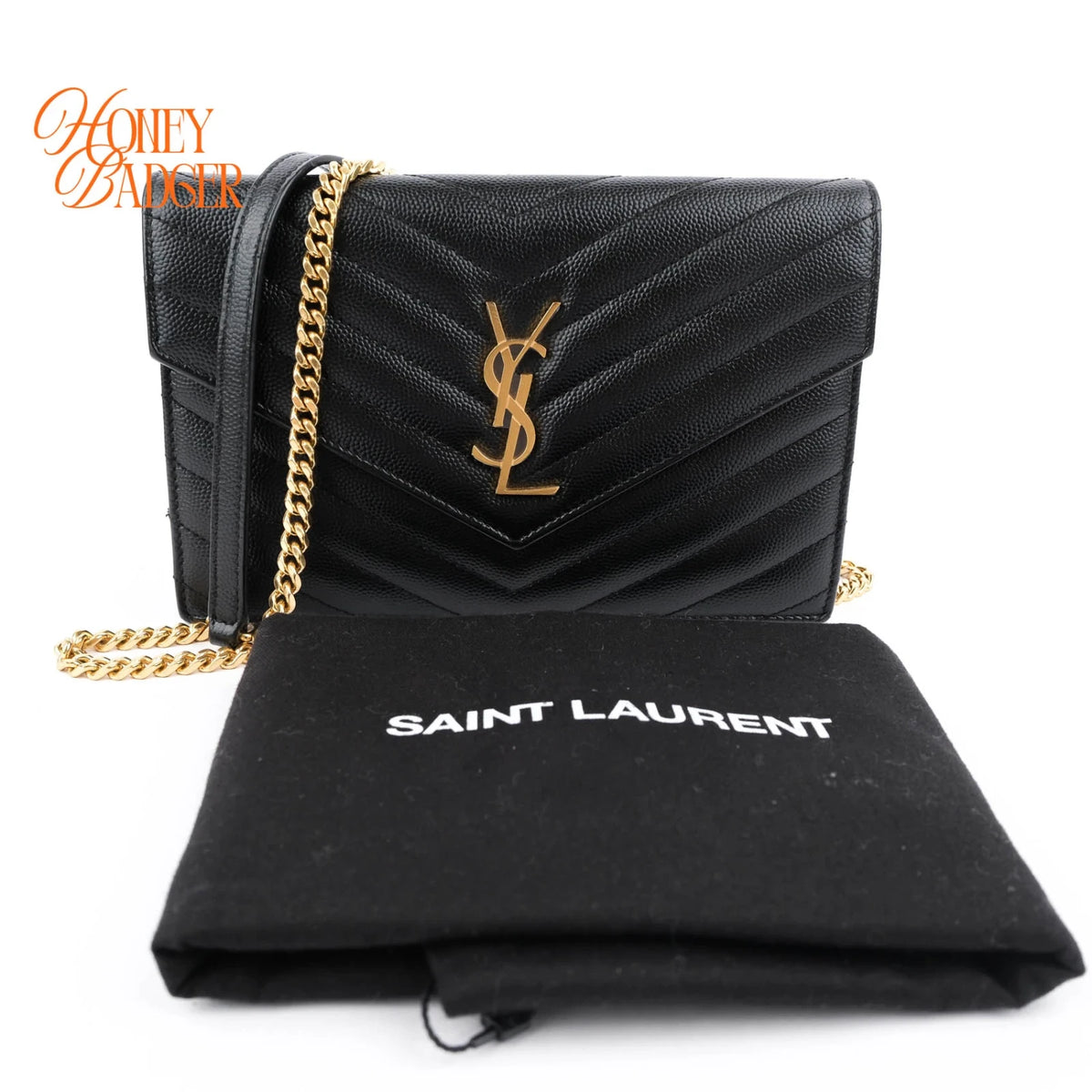 Saint Laurent Cassandre Envelope Chain Wallet Grain de Poudre Leather Black Gold Hardware Rank A