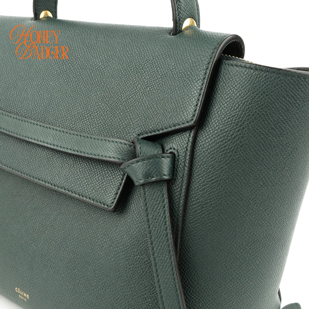 Celine Belt Bag Mini Grained Calfskin Amazone Dark Green Gold Hardware Rank AB