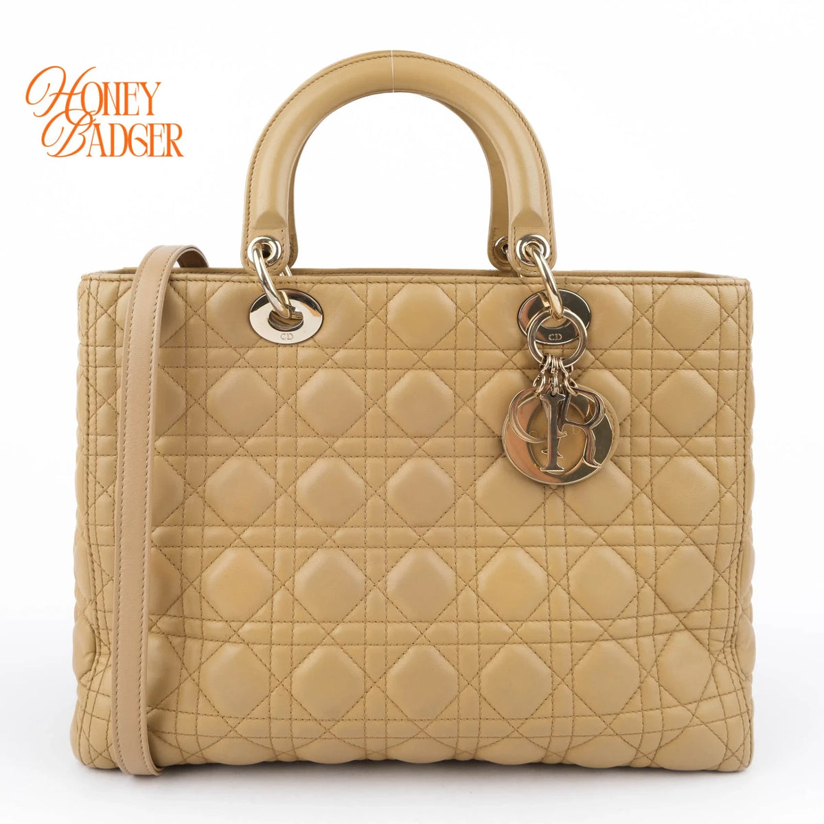 Dior Large Lady Dior Cannage Lambskin Beige Gold Hardware Rank AB