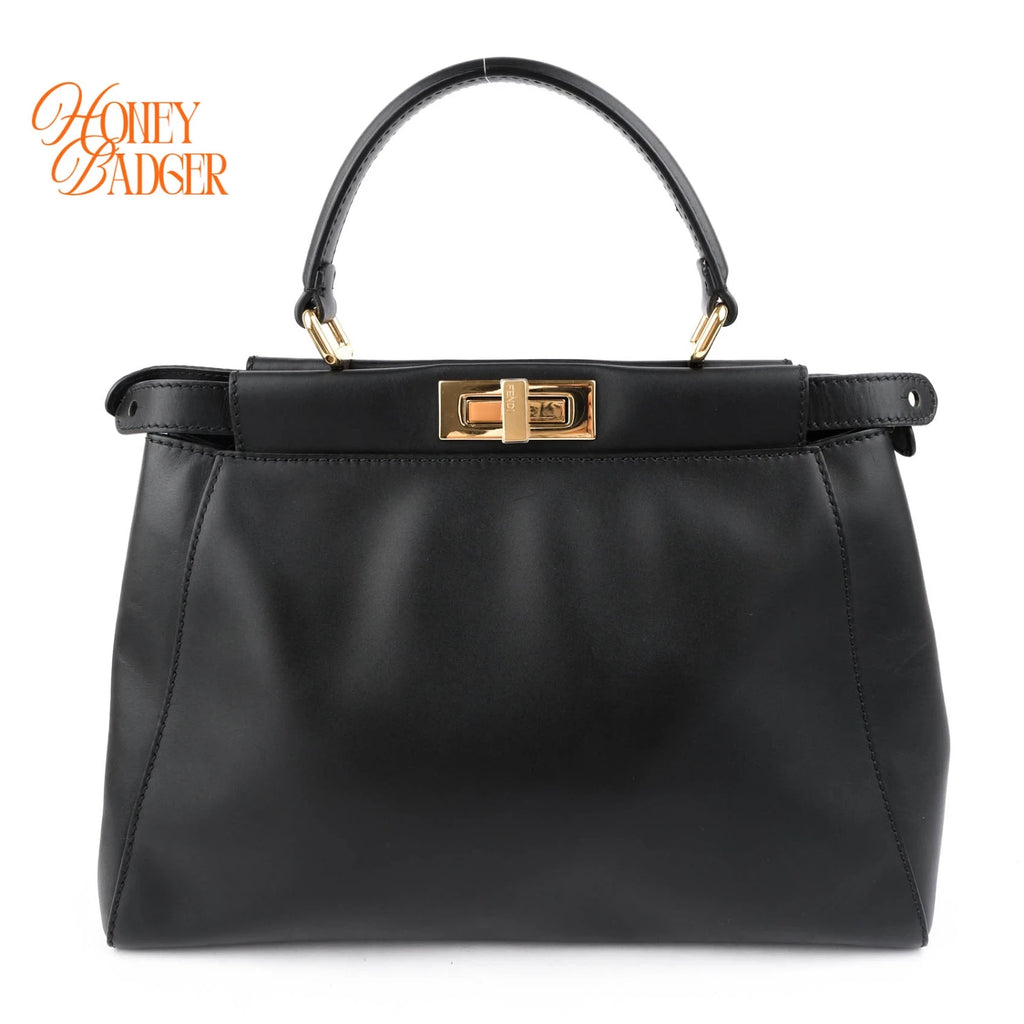 Fendi Peekaboo Regular Smooth Calfskin Black Gold Hardware Rank A