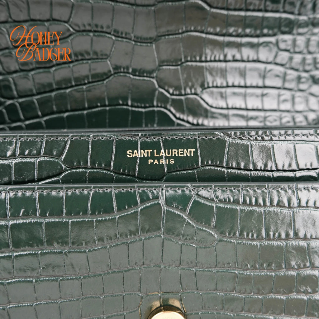 Saint Laurent Sunset Medium Croc-Embossed Leather Green Gold Hardware Rank A