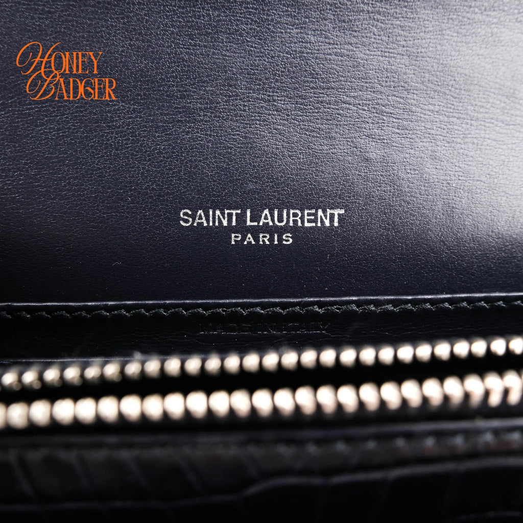 Saint Laurent Sunset Croc-Embossed Leather Navy Silver Hardware Rank A