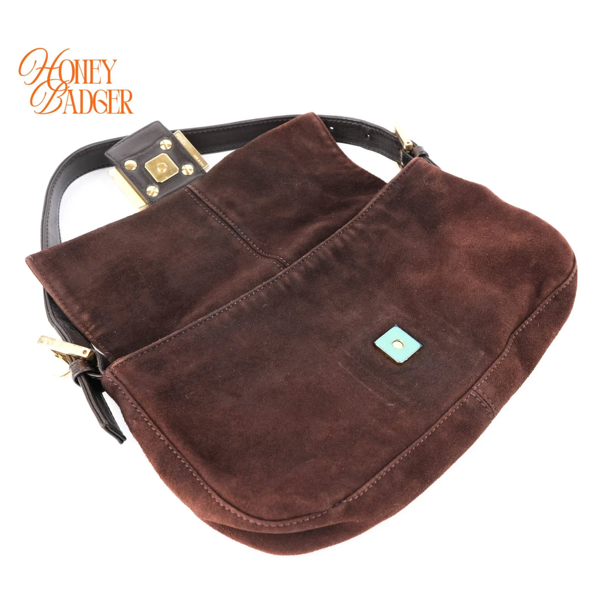 Fendi Baguette Suede Brown Glitter FF Buckle Gold Hardware Rank A