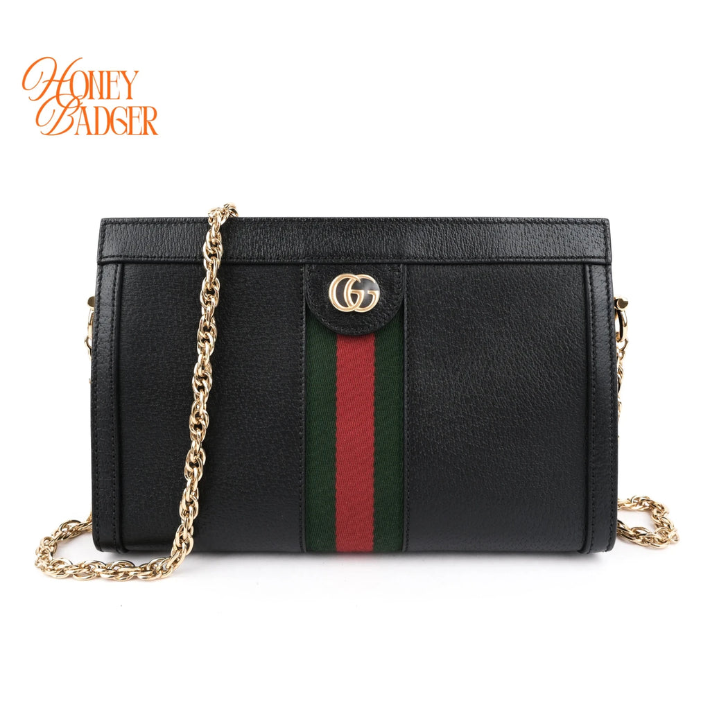 Gucci Ophidia Black Leather Web Chain Shoulder Bag Rank A