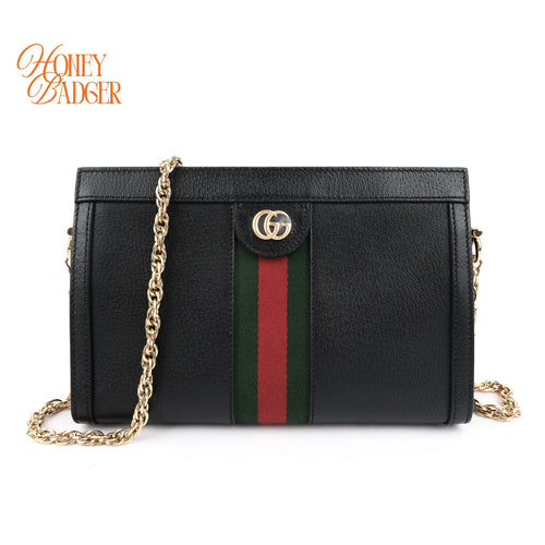 Gucci Ophidia Black Leather Web Chain Shoulder Bag Rank A