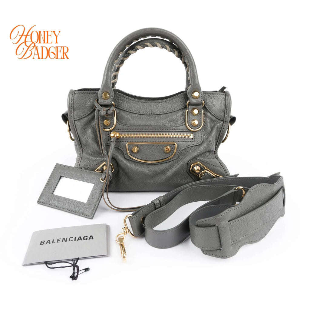Balenciaga Classic Mini City Grey Leather 2WAY Handbag Gold Edge Studs 390160