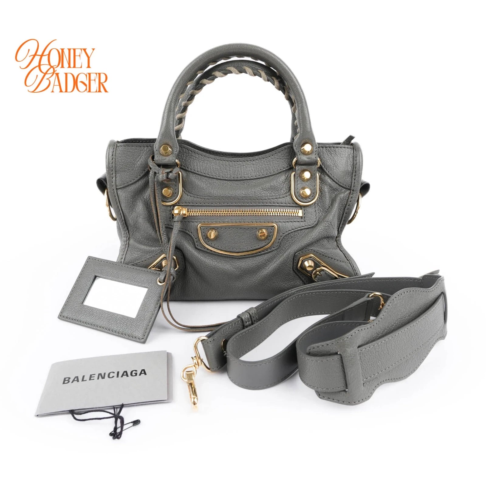 Balenciaga Classic Mini City Grey Leather 2WAY Handbag Gold Edge Studs 390160
