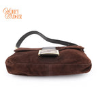 Fendi Baguette Suede Brown Glitter FF Buckle Gold Hardware Rank A