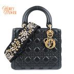 Dior Lady Dior Medium Cannage Lambskin Black Pale Gold Hardware Rank A