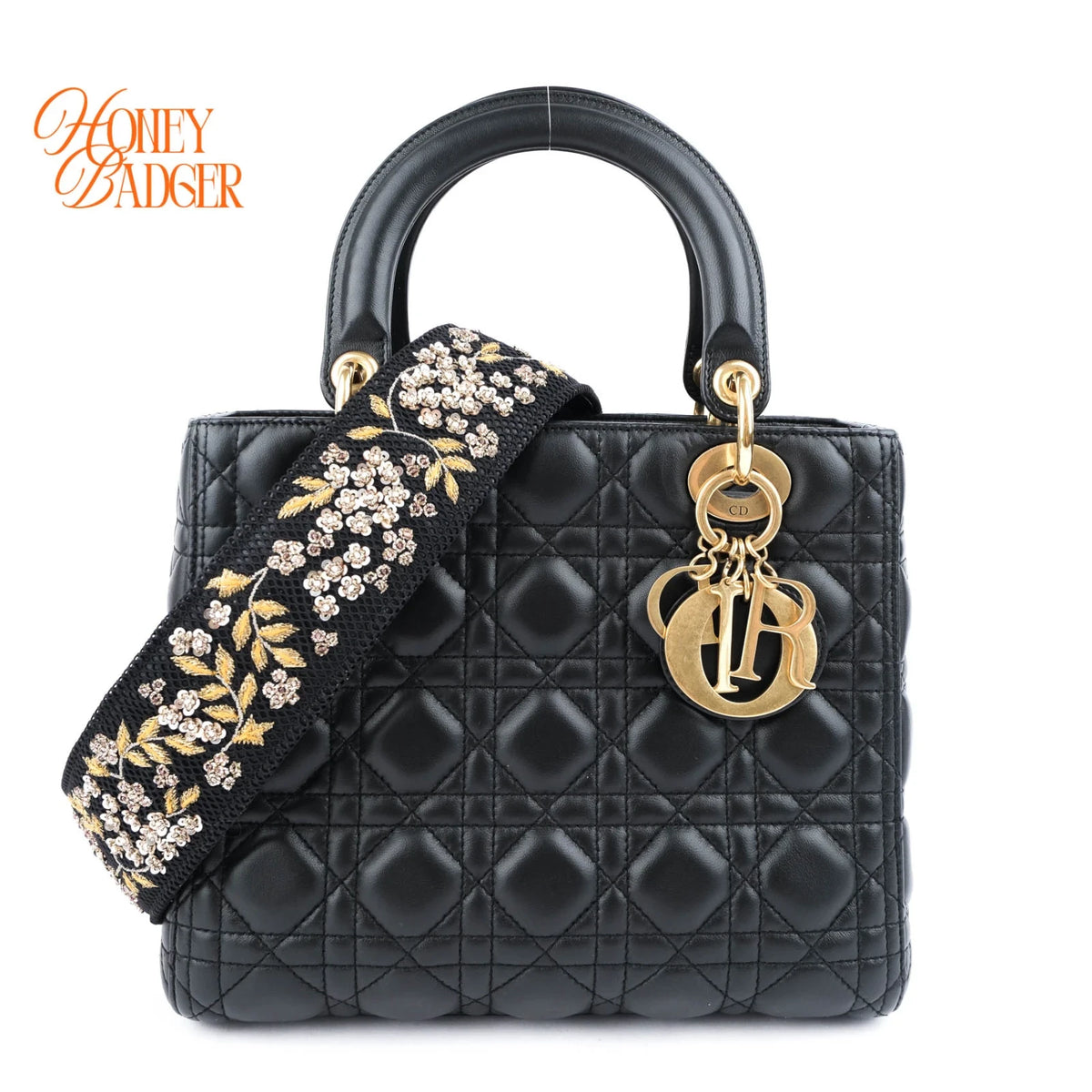 Dior Lady Dior Medium Cannage Lambskin Black Pale Gold Hardware Rank A