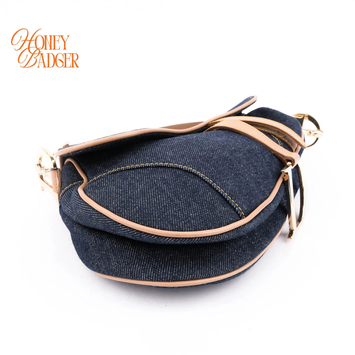 Dior Saddle Denim Dark Blue Camel Leather Gold Hardware Rank A