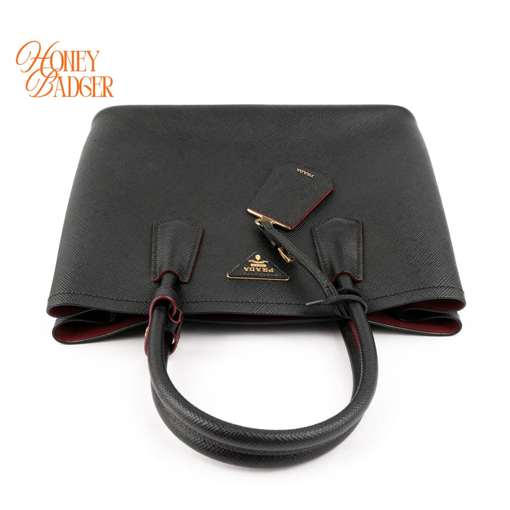 Prada Double Bag Large Saffiano Leather Black/Red Rank AB