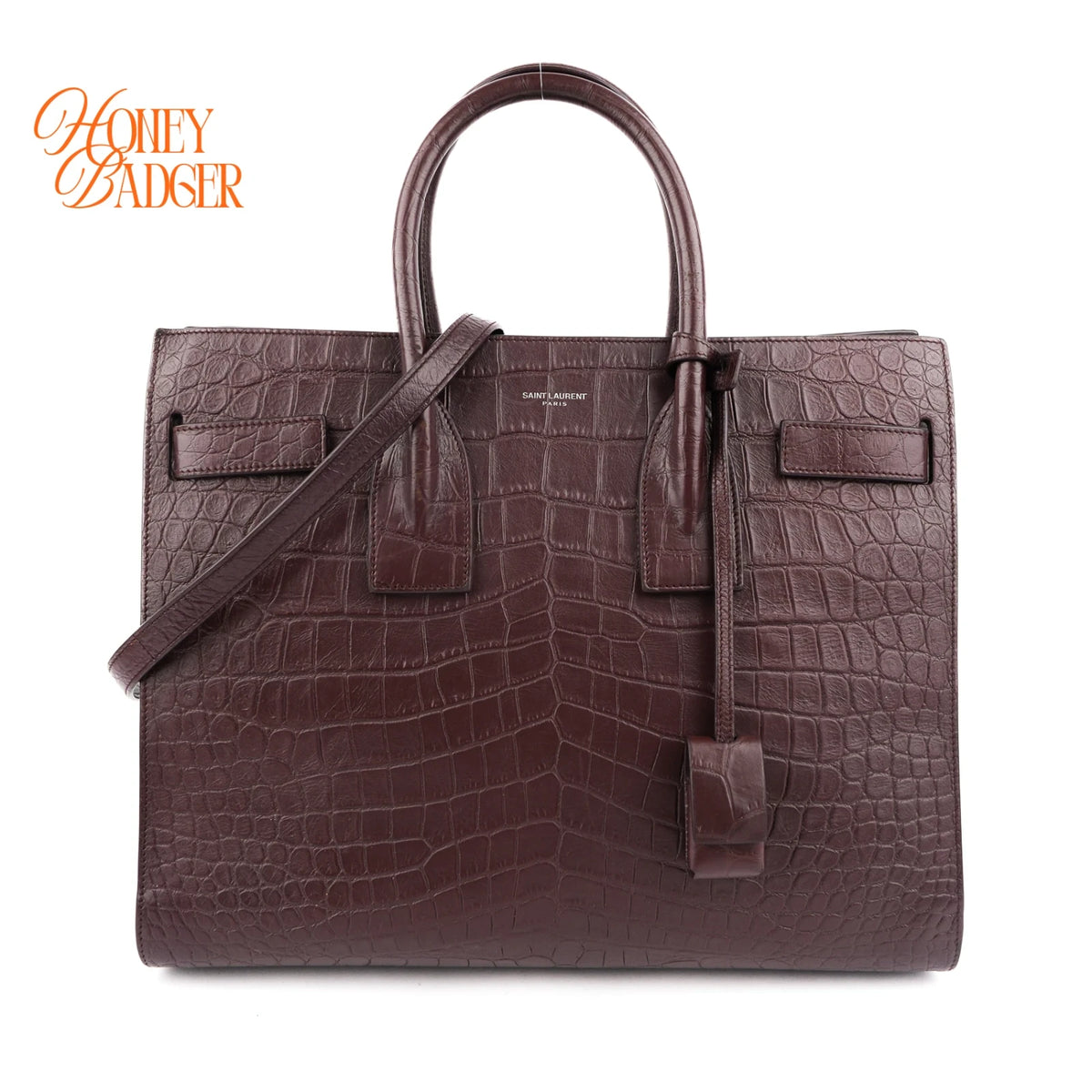 Saint Laurent Sac de Jour Crocodile-Embossed Leather Wine Red 2-Way Handbag Shoulder Bag Rank AB