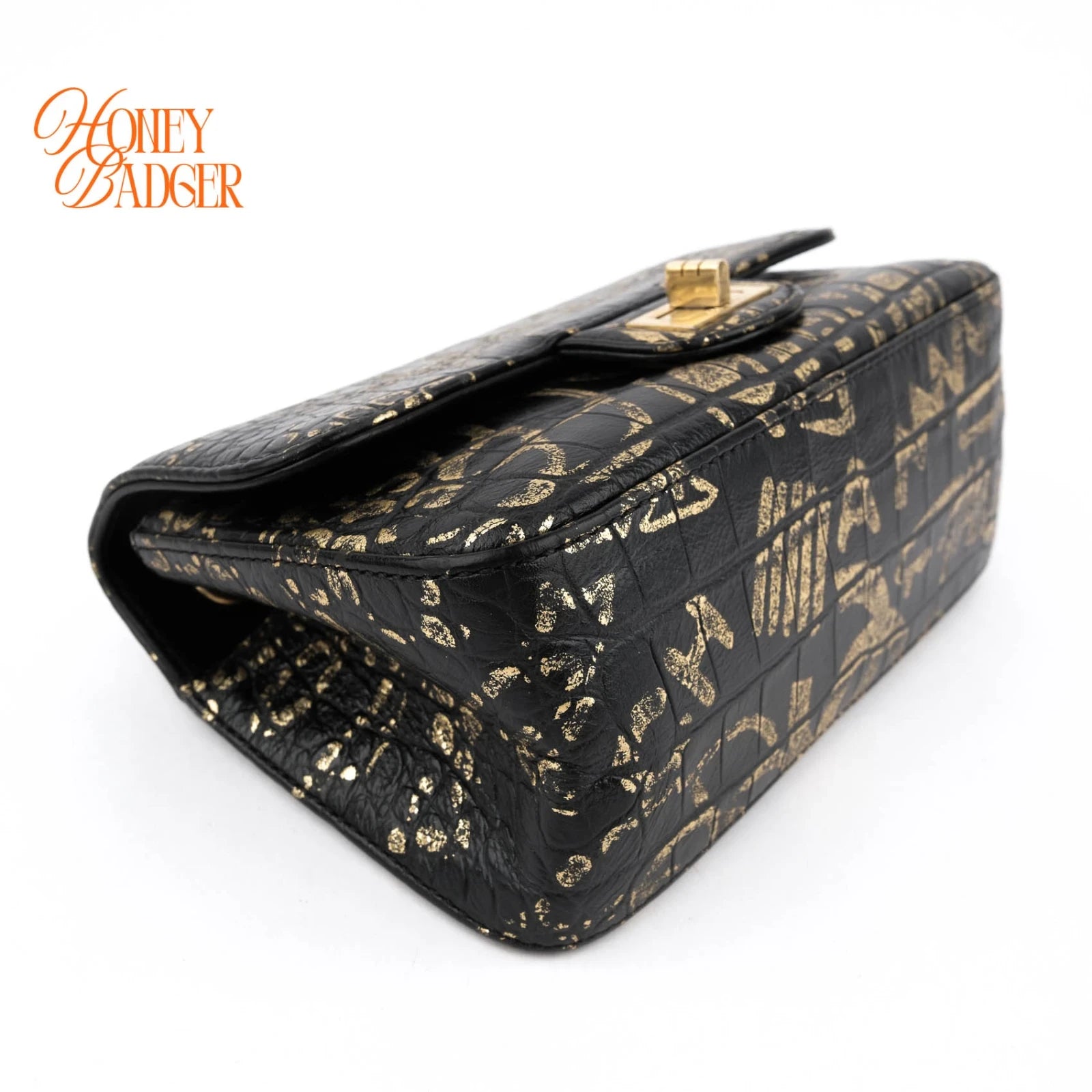 Chanel 2.55 Reissue Crocodile-Embossed Leather Graffiti Black Gold Rank A
