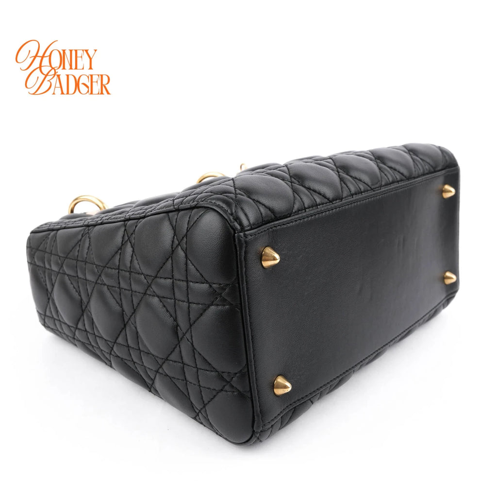 Dior Lady Dior Medium Cannage Lambskin Black Pale Gold Hardware Rank A