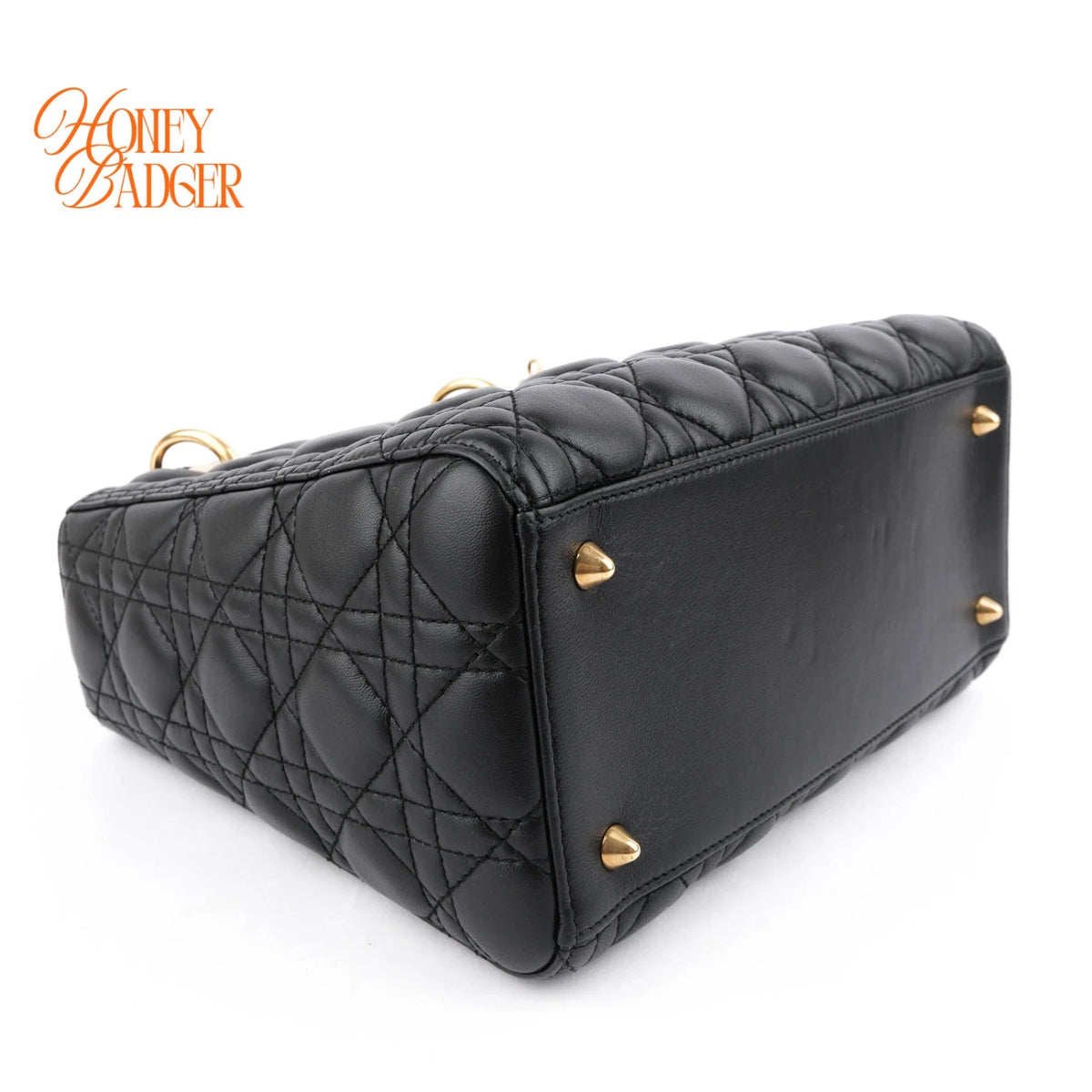 Dior Lady Dior Medium Cannage Lambskin Black Pale Gold Hardware Rank A