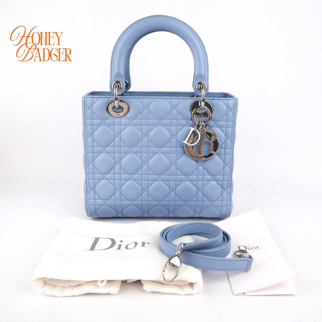Dior Lady Dior Medium Light Blue Cannage Leather 2-Way Bag Rank B