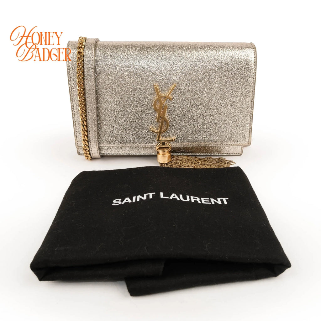 Saint Laurent Kate Small Tassel Chain Shoulder Bag Metallic Silver Leather