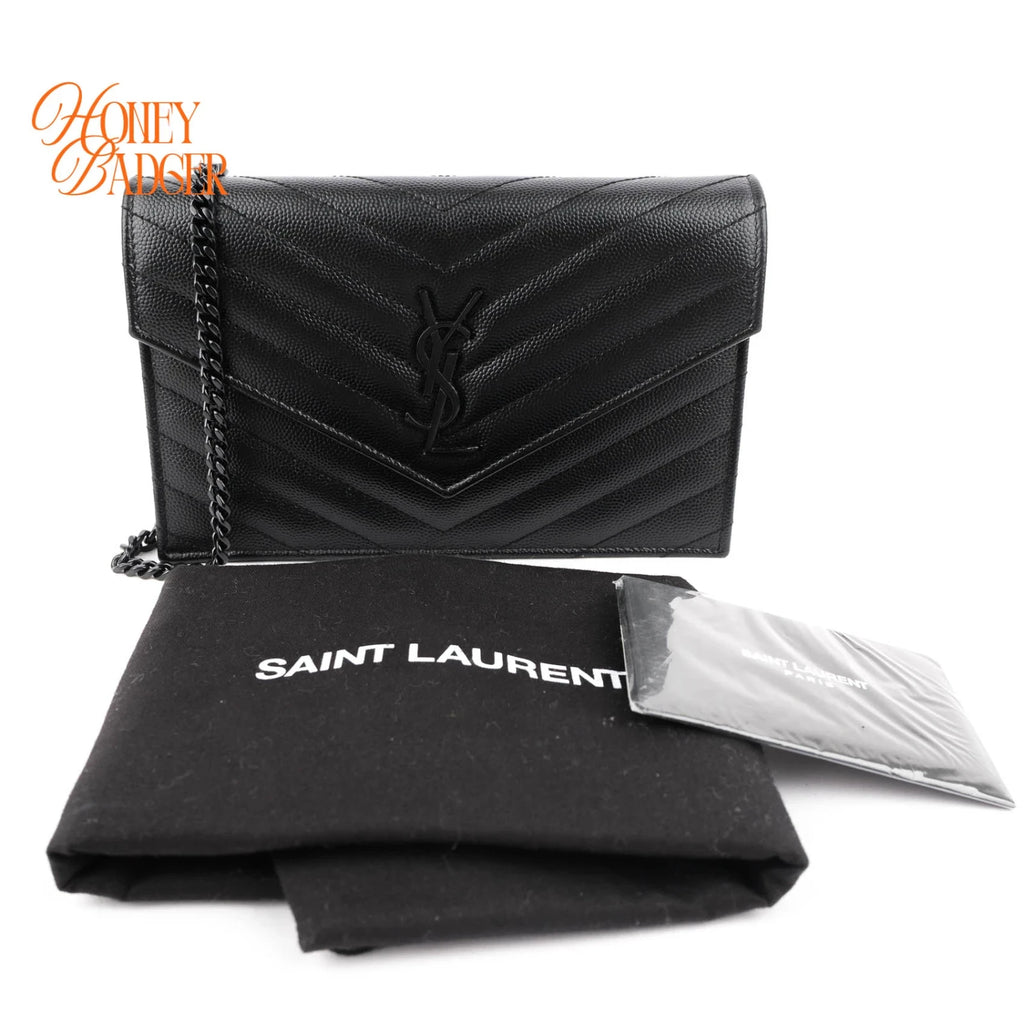 Saint Laurent Cassandre Envelope Chain Wallet Grain de Poudre Leather Black Matte Black Hardware Rank A