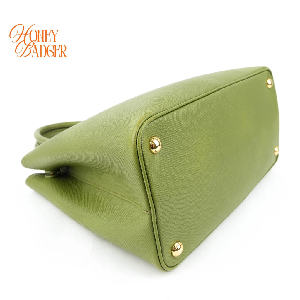 Prada Double Medium Saffiano Leather Green Gold Hardware Rank A