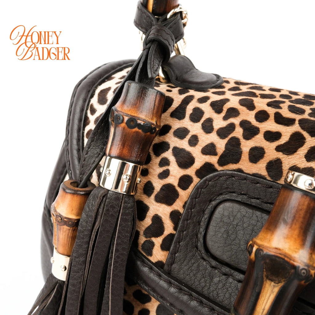 Gucci Bamboo Leopard Calf Hair 2WAY Handbag Rank A