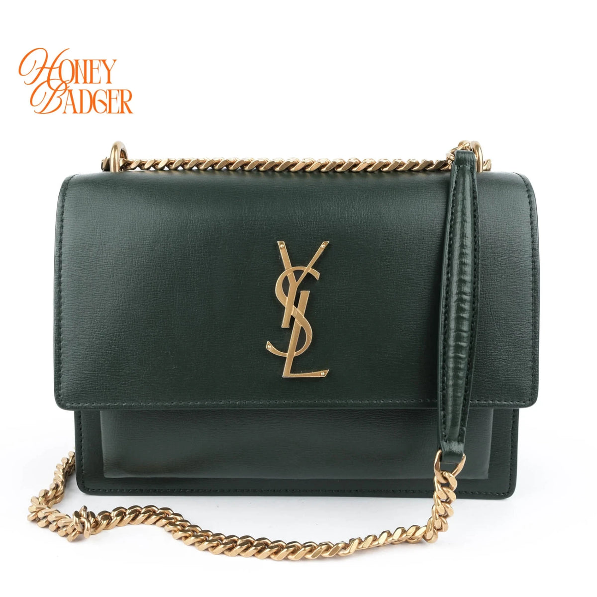 Saint Laurent Sunset Medium Calfskin Leather Dark Green Gold Hardware Rank A
