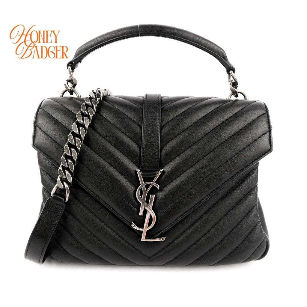 Saint Laurent College Medium Chevron Quilted Leather Black Silver Hardware