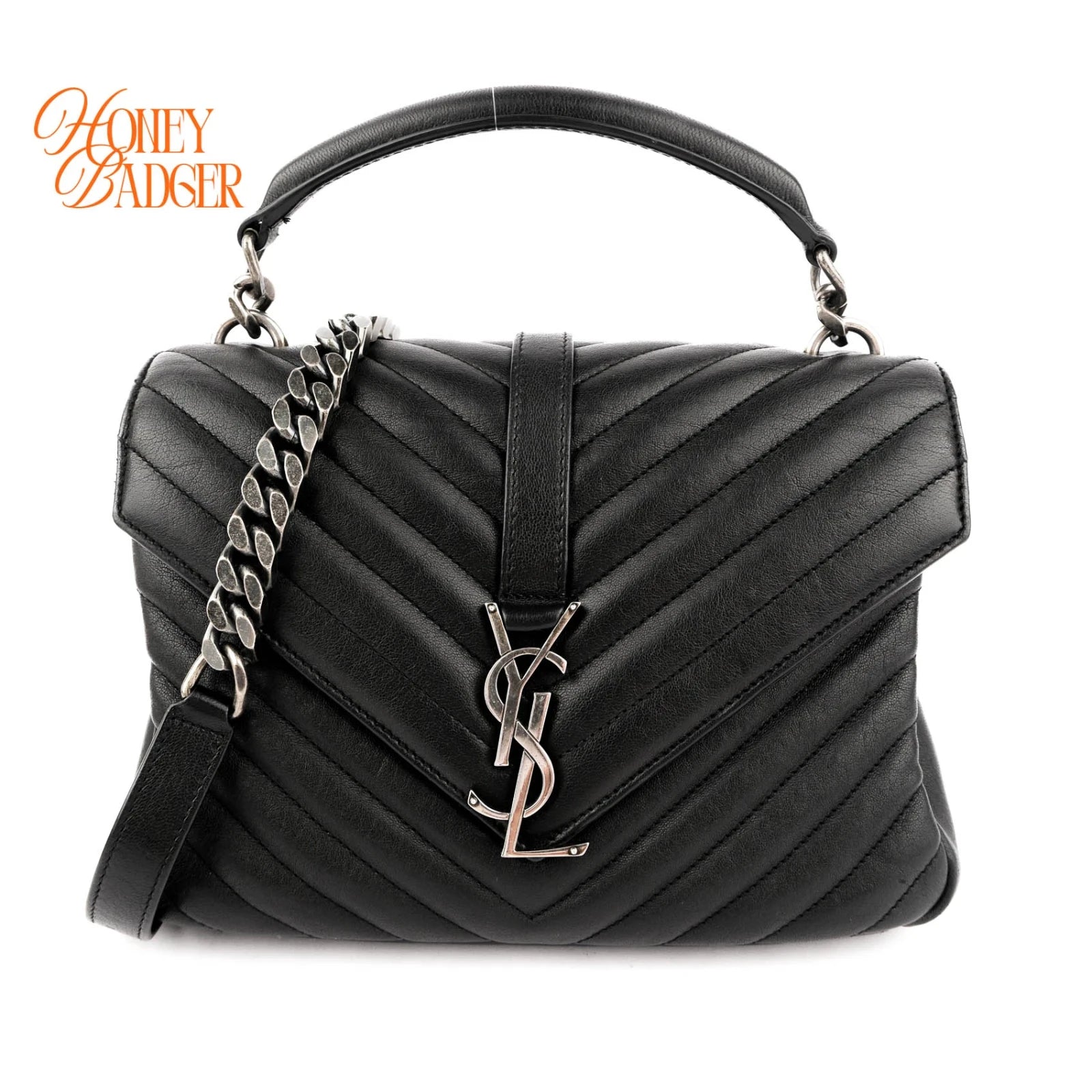 Saint Laurent College Medium Chevron Quilted Leather Black Silver Hardware