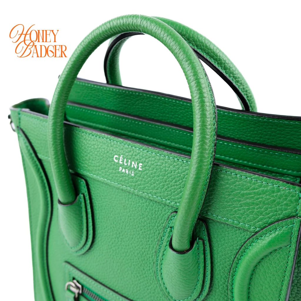 Celine Nano Luggage Bag Drummed Calfskin Green Silver Hardware Rank A