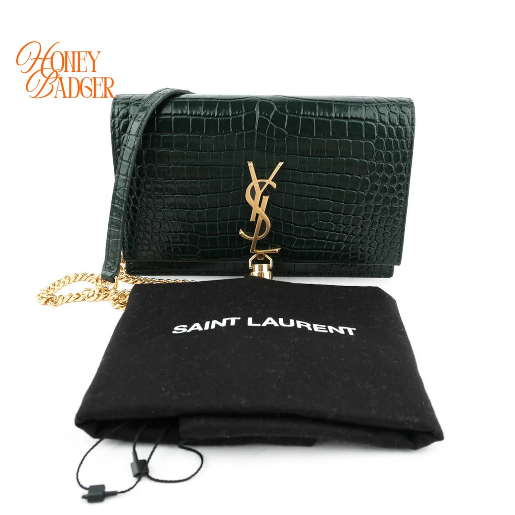 Saint Laurent Kate Tassel Small Croc-Embossed Leather Green Rank A