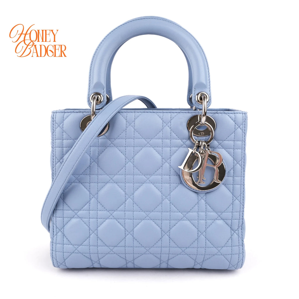 Dior Lady Dior Medium Light Blue Cannage Leather 2-Way Bag Rank B