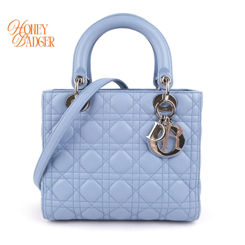 Dior Lady Dior Medium Light Blue Cannage Leather 2-Way Bag Rank B