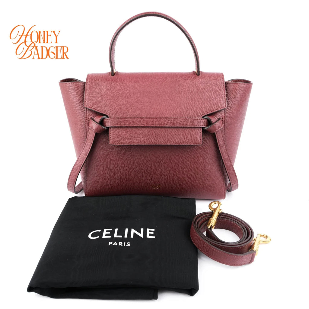Celine Micro Belt Bag Grained Calfskin Burgundy Gold Hardware Rank A