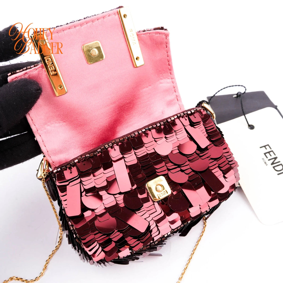 Fendi Nano Baguette Charm Embellished Sequins Granata Maxi FF Buckle Gold Hardware Rank S