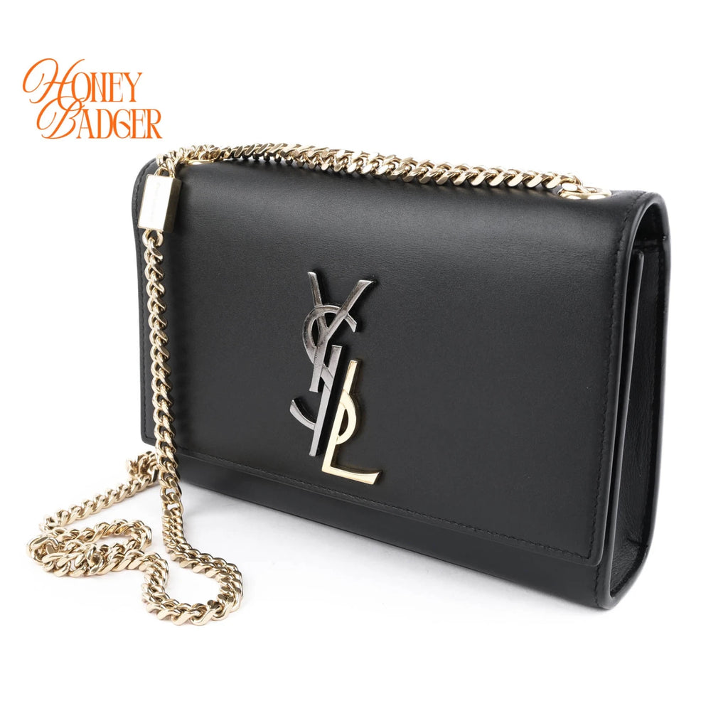Saint Laurent Kate Small Bicolor Logo Chain Shoulder Bag Black Leather 469390