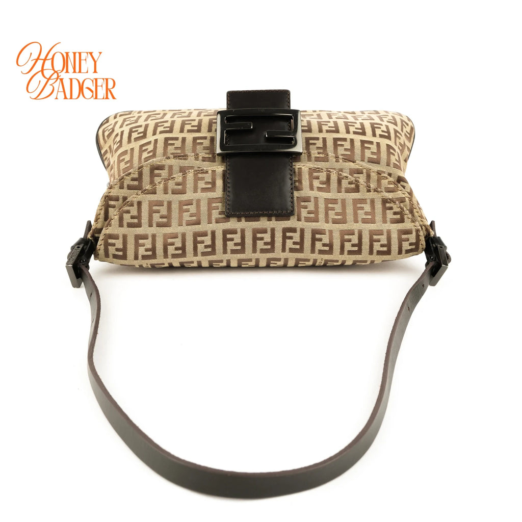 Fendi Zucchino FF Double Flap Baguette Canvas Shoulder Bag Rank B